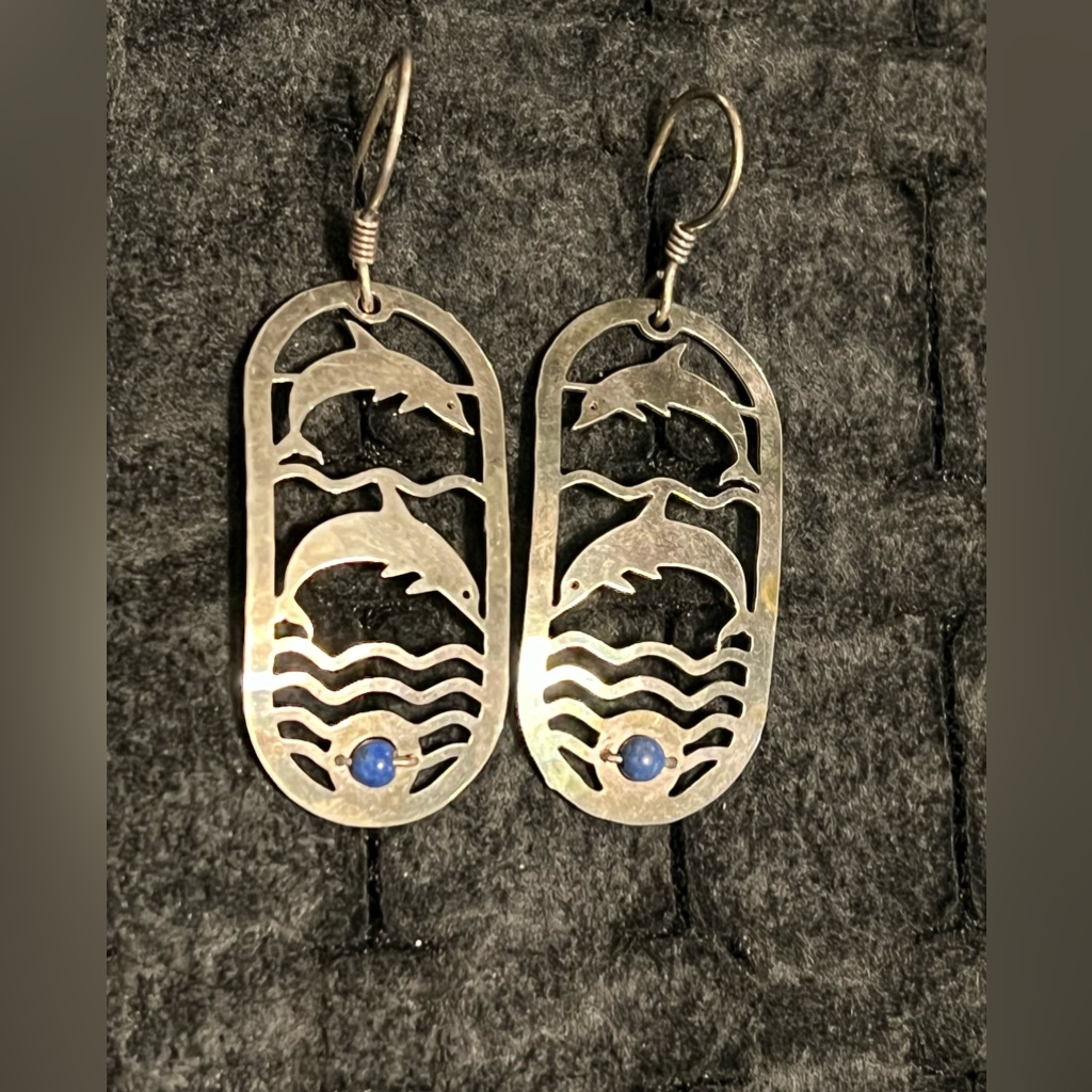 Sterling Silver Dolphin Cutout Earrings With Blue Lapis Accent